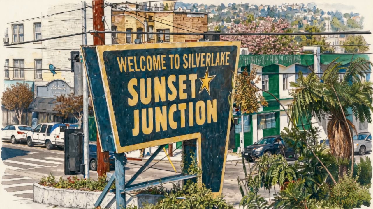 Illustrated rendering of the Welcome to Silverlake Sunset Junction sign, with the storefronts and street trees of W. Sunset Blvd. behind it.